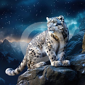 Snow leopard with long tail in the daRK rock mountain Hemis National Park Kashmir India. Wildlife scene from Asia