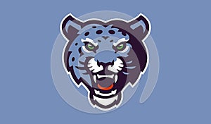 Snow leopard mascot logo. Wild animal head logo with grin. Badge, sticker of a snow leopard for a team, sports club
