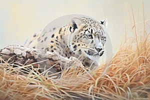 snow leopard in mid-hunt, focused and poised