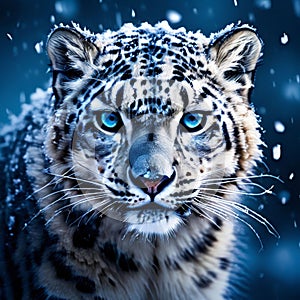 Snow leopard portrait. Animal in the snow. AI generated