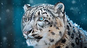 Snow leopard portrait on a bright blue background, it\'s snowing