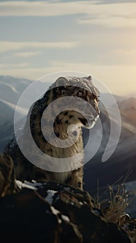 Snow leopard portrait close up on dark background. sitting in nature stone rocky mountain habitat,