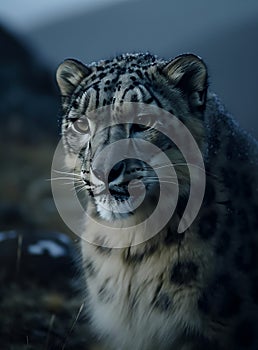 Snow leopard portrait close up on dark background. sitting in nature stone rocky mountain habitat,