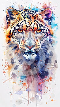 Snow leopard portrait design in multicolor watercolor style isolated