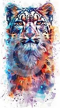 Snow leopard portrait design in multicolor watercolor style isolated