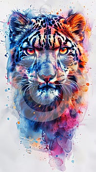 Snow leopard portrait design in watercolor style closeup face of big cat isolated