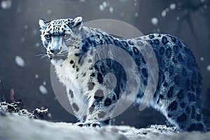 Snow leopard portrait in snowy mountains