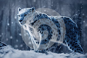 Snow leopard portrait in snowy mountains