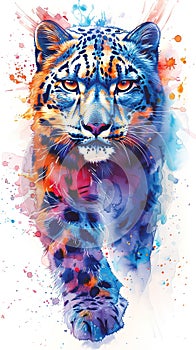 Snow leopard portrait in vivid multicolor style illustration isolated