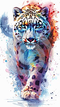 Snow leopard portrait in vivid multicolor style illustration isolated