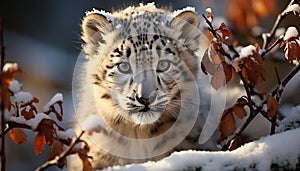 Snow leopard, a rare beauty, looking at camera in winter generated by AI