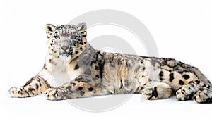 Snow leopard resting on a white background.
