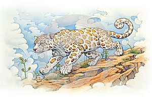 snow leopard running downhill on a steep mountain slope