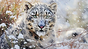 snow leopard in the snow .