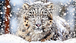 snow leopard in the snow .