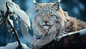 Snow leopard staring, cold winter, danger in nature generated by AI
