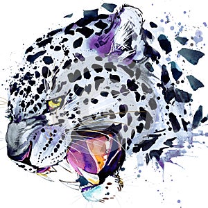 Snow leopard T-shirt graphics, snow leopard illustration with splash watercolor textured background.