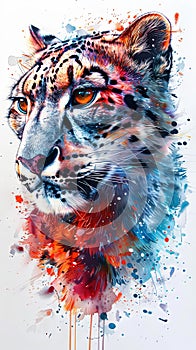 Snow leopard vertical portrait wallpaper design in vivid multicolor style
