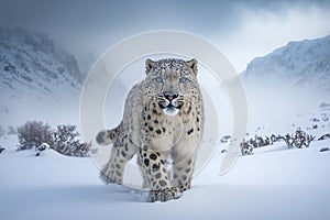 Snow Leopard walking in the snow, generative AI