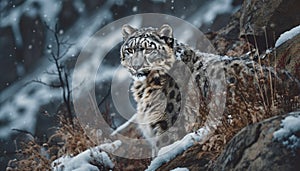 Snow leopard walking in wilderness, majestic striped pawed mammal generated by AI
