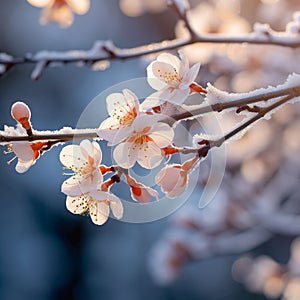 Snow lies on a flowering branch in spring generated by artificial intelligence