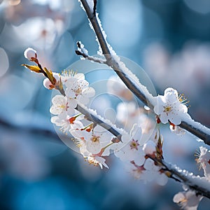 Snow lies on a flowering branch in spring generated by artificial intelligence