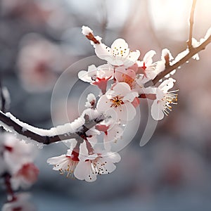 Snow lies on a flowering branch in spring generated by artificial intelligence