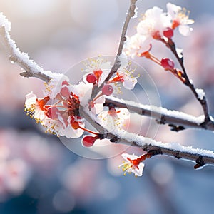 Snow lies on a flowering branch in spring generated by artificial intelligence
