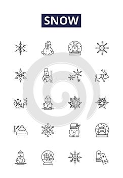 Snow line vector icons and signs. Flurry, Blizzard, Whiteout, Sleet, Powder, Snowfall, Slush, Shower outline vector photo