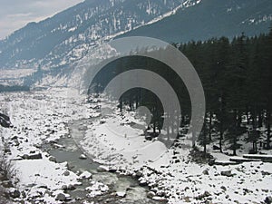 Snow lined Beas River near Manali India