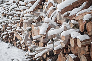 Snow log stack lumber in winter. Woodpile of pine