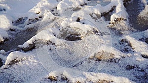 Snow lying on dirty frozen ground in winter time