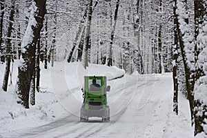 snow machine, green tractor cleans the snow from the snow in the background of the forest. back view