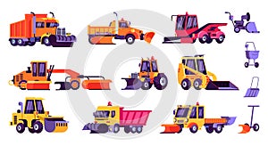 Snow machines, snow removal cleaning cars and equipment vector illustration isolated set.