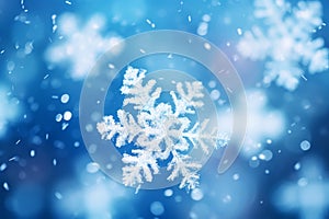 snow in macro. Snowflake on blue ice background