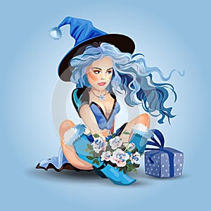 Snow Maiden is Christmas and New Year Character sitting with gift boxes. Vector illustration of a pretty snow princess. Beautiful