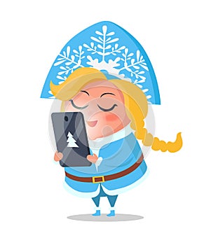 Snow Maiden Taking Order on Digital Tablet Vector