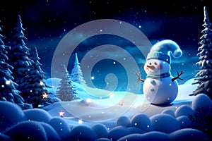 Snow man with blanket position is right of the image, snow filed,pine tree,many gift boxes. Generative AI