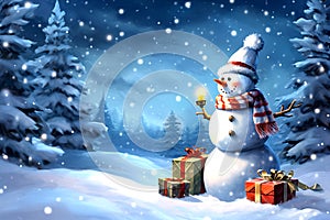 Snow man with blanket position is right of the image, snow filed,pine tree,many gift boxes. Generative AI