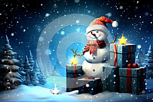 Snow man with blanket position is right of the image, snow filed,pine tree,many gift boxes,graphic style,light blue background,