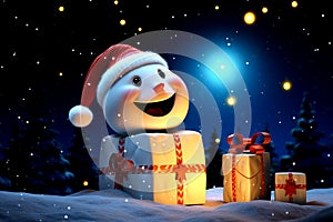 Snow man with blanket position is right of the image, snow filed,pine tree,many gift boxes,graphic style,light blue background,