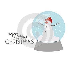 Snow man in crystal ball and merry christmas