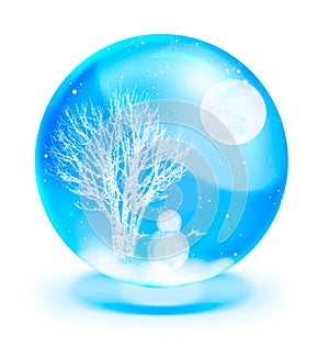 Snow man with full moon in blue crystal ball
