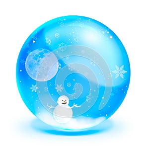 Snow man with full moon in blue crystal ball