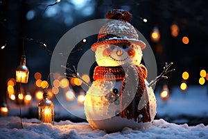 Snow man in led lamp with christmas tree shape. Generative AI photo