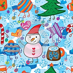 Snow man pine tree music note free seamless pattern