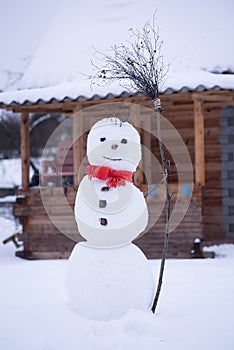 Snow man in red scarf, winter, december, january