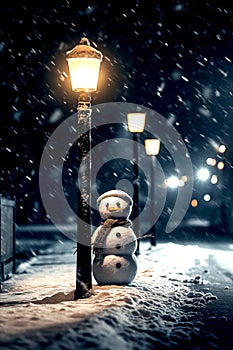 Snow man stand alone on the street in dark night winter, without people, no people, street lamp, full moon, full of the star on