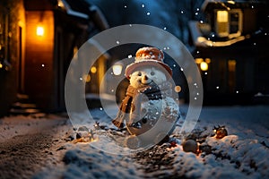 Snow man in street at night AI Generated
