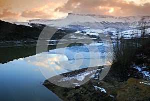 Snow in the Maroño reservoir and Sierra Salvada Basque Country. Spain